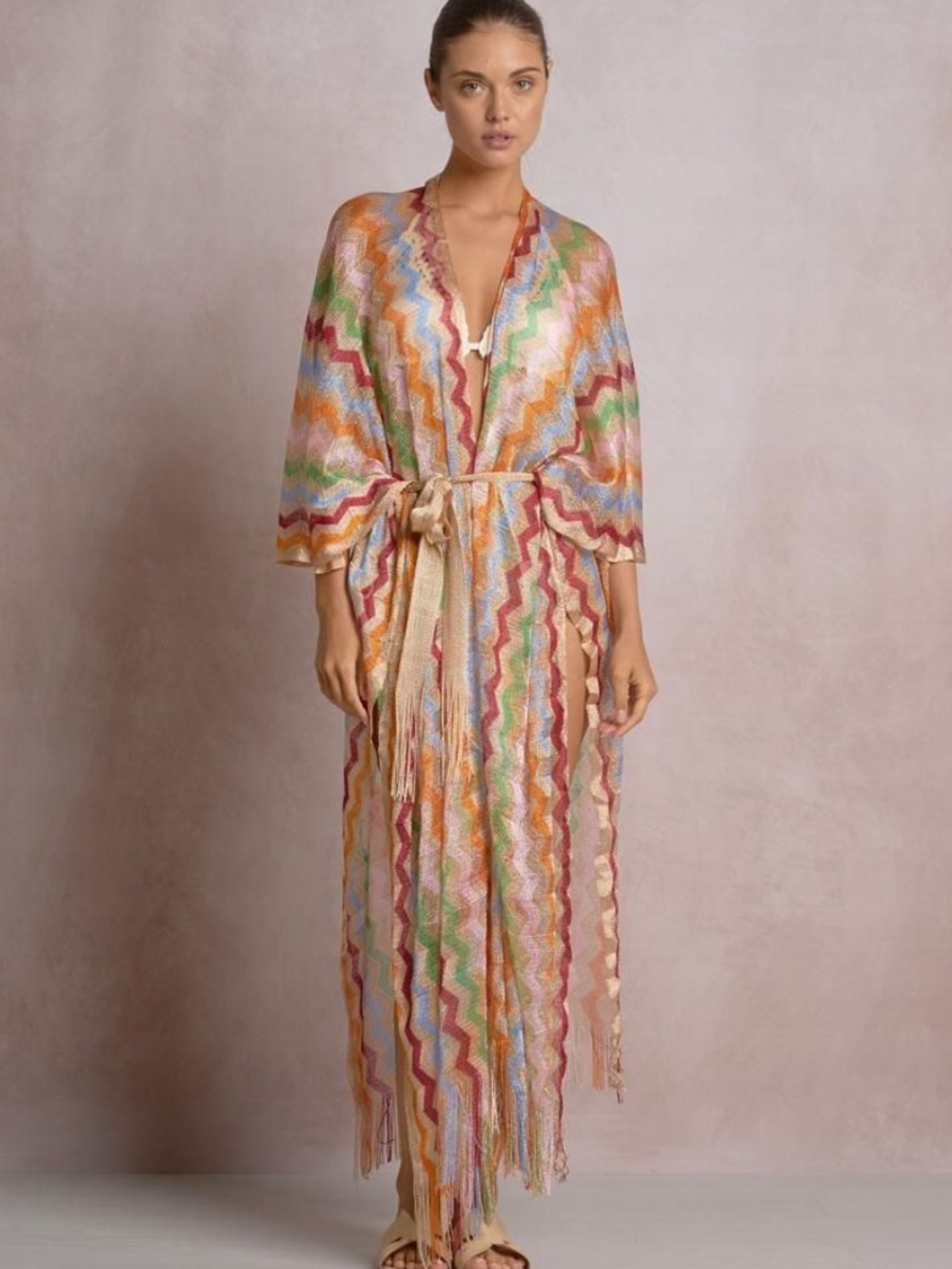 Colorful Zigzag Fringe Maxi Kimono